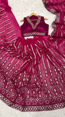 rani pink color sequins thread dori work Georgette saree 2