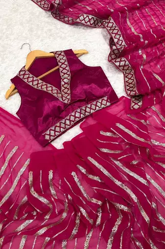 rani pink color sequins thread dori work Georgette saree