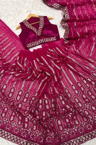rani pink color sequins thread dori work Georgette saree