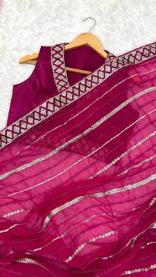 rani pink color sequins thread dori work Georgette saree 5