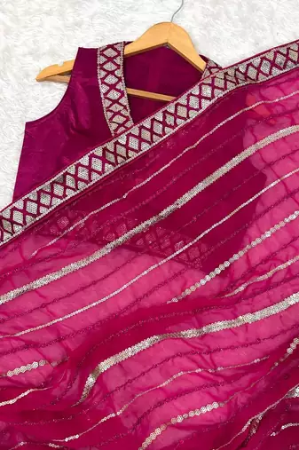 rani pink color sequins thread dori work Georgette saree