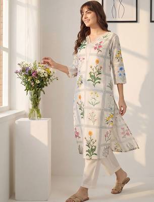 Women Floral Printed Regular Thread Work Linen Kurta with Trousers 1