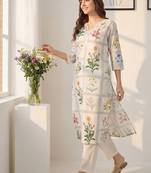 Women Floral Printed Regular Thread Work Linen Kurta with Trousers
