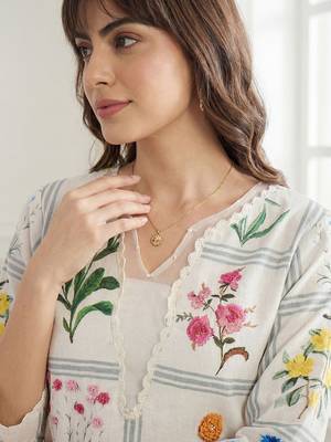 Women Floral Printed Regular Thread Work Linen Kurta with Trousers 2