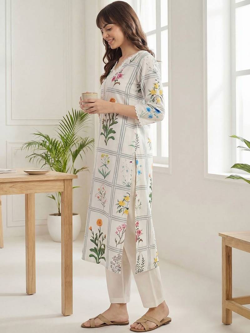 Women Floral Printed Regular Thread Work Linen Kurta with Trousers