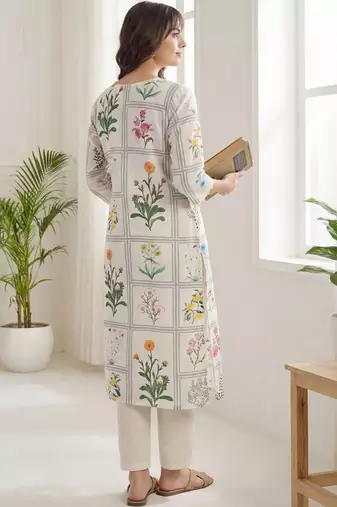 Women Floral Printed Regular Thread Work Linen Kurta with Trousers