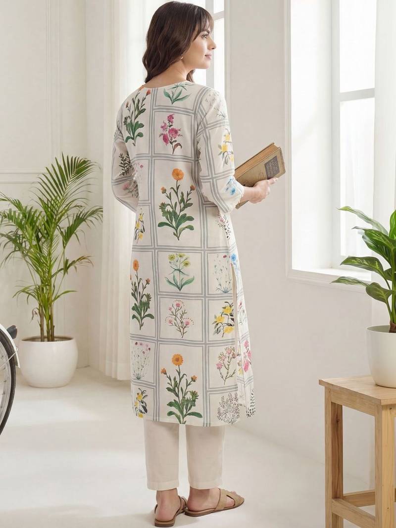 Women Floral Printed Regular Thread Work Linen Kurta with Trousers