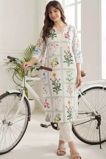 Women Floral Printed Regular Thread Work Linen Kurta with Trousers