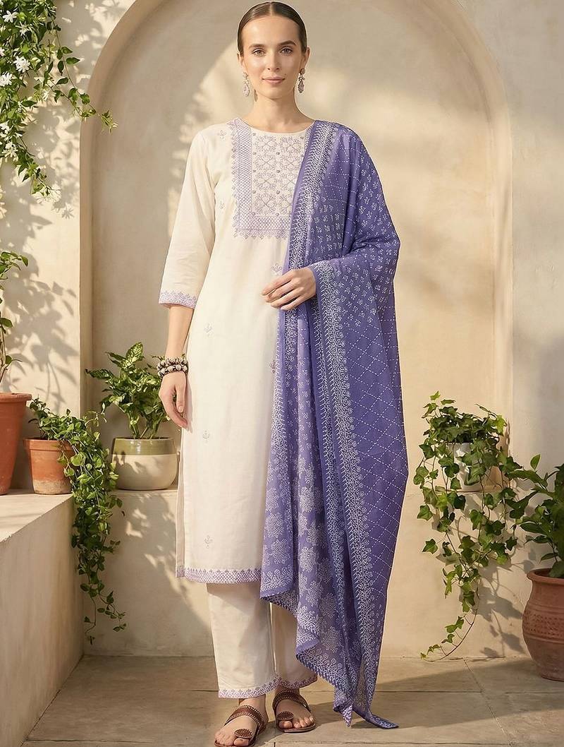 Women Ethnic Motifs Embroidered Regular Thread Work Pure Cotton Kurta with Trousers & With Dupatta