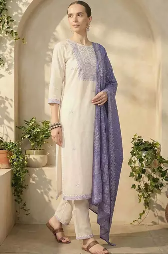 Women Ethnic Motifs Embroidered Regular Thread Work Pure Cotton Kurta with Trousers & With Dupatta