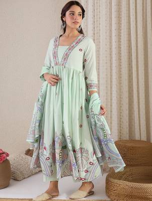 Women Ethnic Motifs Embroidered Panelled Thread Work Pure Cotton Kurta with Trousers & With Dupatta 1