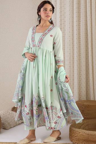 Women Ethnic Motifs Embroidered Panelled Thread Work Pure Cotton Kurta with Trousers & With Dupatta