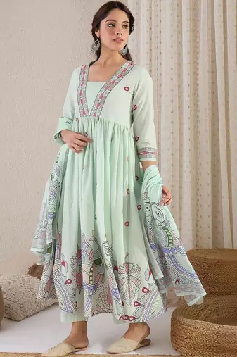 Women Ethnic Motifs Embroidered Panelled Thread Work Pure Cotton Kurta with Trousers & With Dupatta