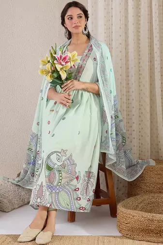 Women Ethnic Motifs Embroidered Panelled Thread Work Pure Cotton Kurta with Trousers & With Dupatta