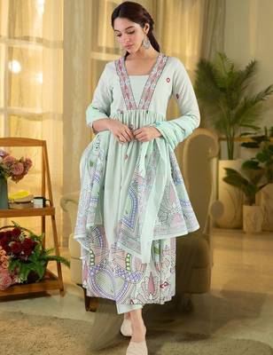 Women Ethnic Motifs Embroidered Panelled Thread Work Pure Cotton Kurta with Trousers & With Dupatta 5