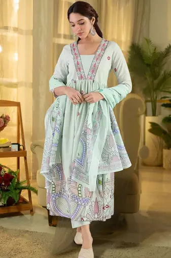 Women Ethnic Motifs Embroidered Panelled Thread Work Pure Cotton Kurta with Trousers & With Dupatta