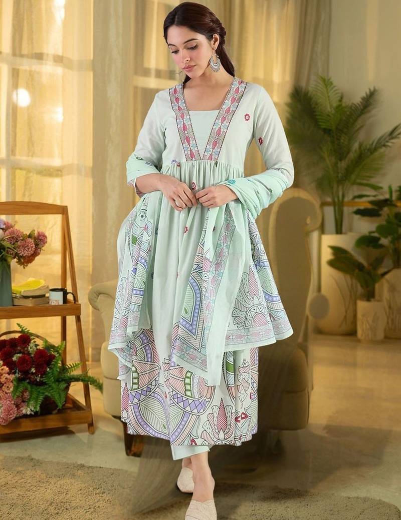 Women Ethnic Motifs Embroidered Panelled Thread Work Pure Cotton Kurta with Trousers & With Dupatta