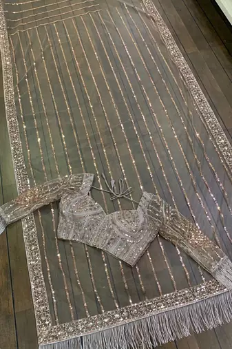 light brown color equence dori zari work jhalar border work Net saree