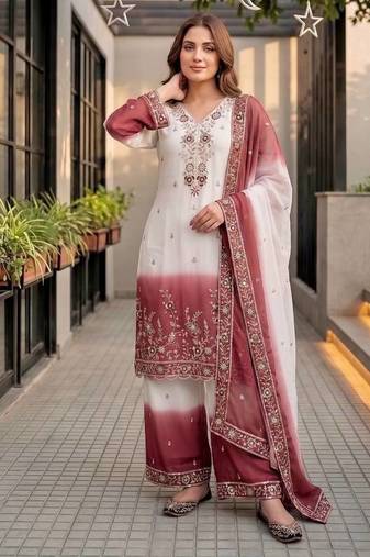 White And Maroon sequin And Embroidery Work Georgette Salwar Suit