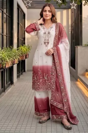 White And Maroon Color Sequence And Embroidery Work Georgette Salwar Suit