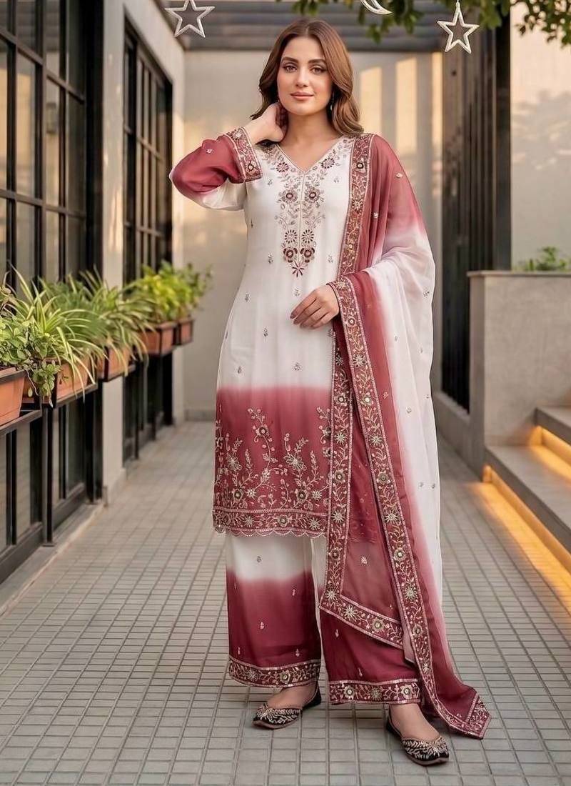 White And Maroon Color Sequence And Embroidery Work Georgette Salwar Suit