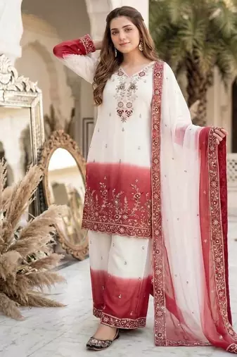 White And Maroon Color Sequence And Embroidery Work Georgette Salwar Suit