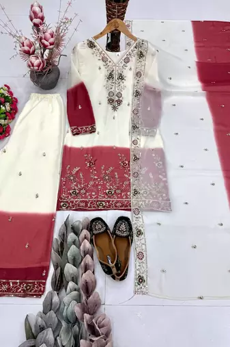 White And Maroon Color Sequence And Embroidery Work Georgette Salwar Suit