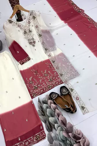White And Maroon Color Sequence And Embroidery Work Georgette Salwar Suit