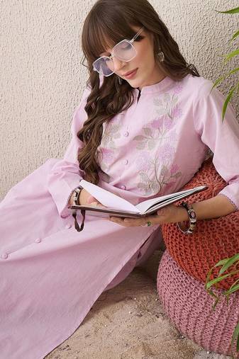 Floral Embroidered Mandarin Collar Thread Work Pure Cotton Kurta With Trouser