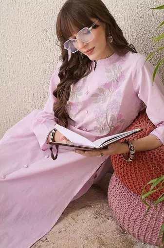 Floral Embroidered Mandarin Collar Thread Work Pure Cotton Kurta With Trouser