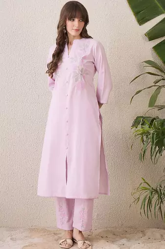 Floral Embroidered Mandarin Collar Thread Work Pure Cotton Kurta With Trouser