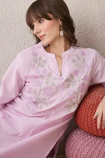 Floral Embroidered Mandarin Collar Thread Work Pure Cotton Kurta With Trouser