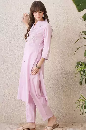 Floral Embroidered Mandarin Collar Thread Work Pure Cotton Kurta With Trouser