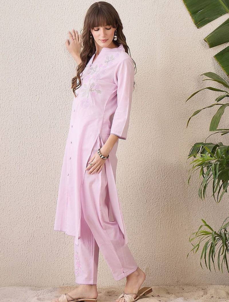 Floral Embroidered Mandarin Collar Thread Work Pure Cotton Kurta With Trouser