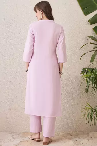 Floral Embroidered Mandarin Collar Thread Work Pure Cotton Kurta With Trouser