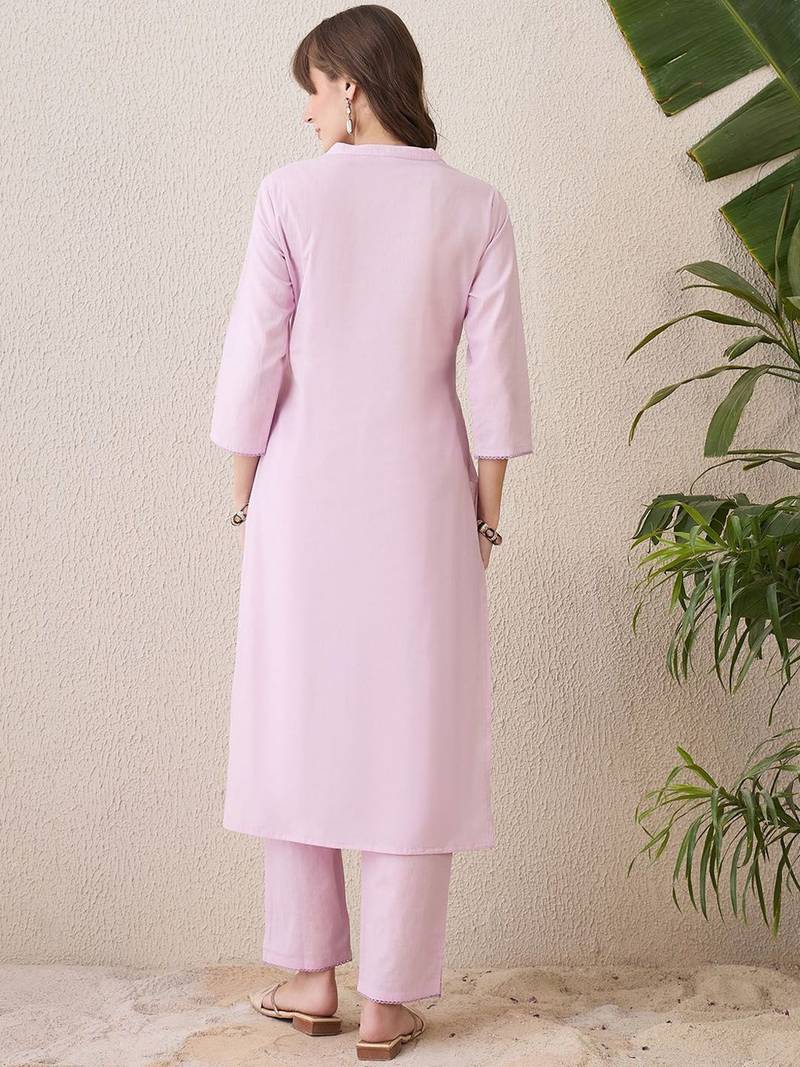 Floral Embroidered Mandarin Collar Thread Work Pure Cotton Kurta With Trouser