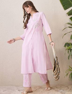 Floral Embroidered Mandarin Collar Thread Work Pure Cotton Kurta With Trouser 6