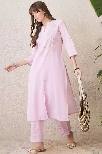 Floral Embroidered Mandarin Collar Thread Work Pure Cotton Kurta With Trouser