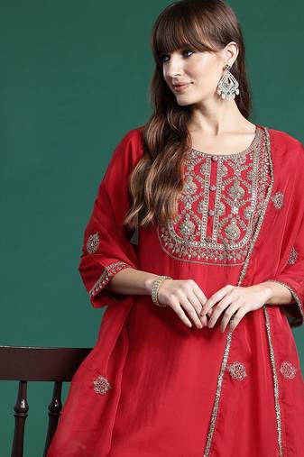 Ethnic Motifs Embroidered Liva Kurta With Trousers & Dupatta