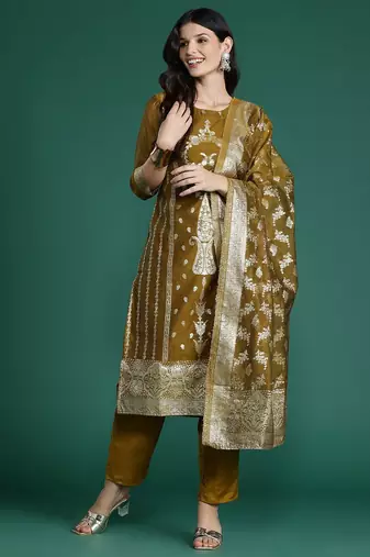 Women Ethnic Motifs Woven Design Kurta with Trousers & With Dupatta