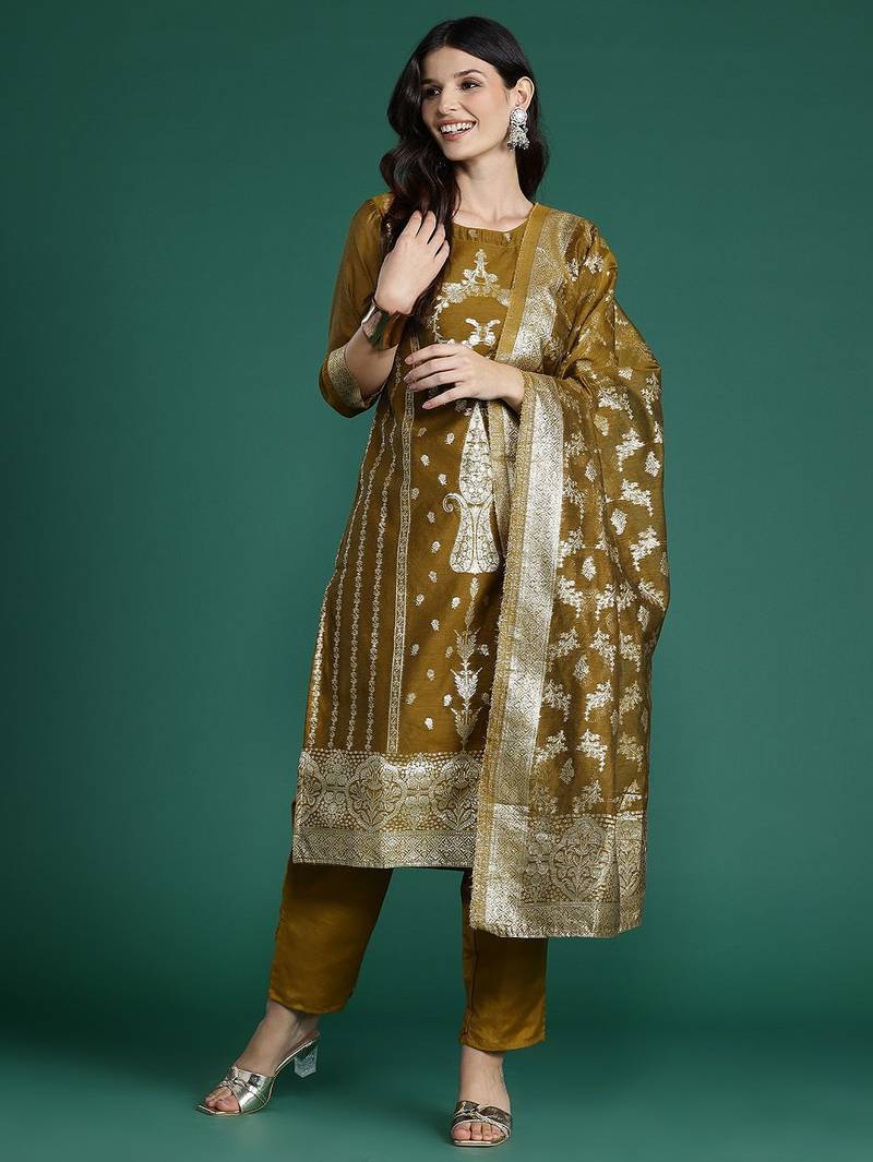 Women Ethnic Motifs Woven Design Kurta with Trousers & With Dupatta