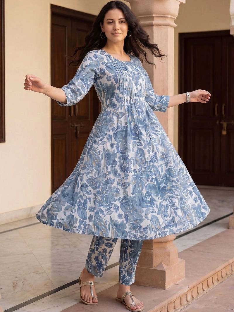 Women Floral Printed Regular Pure Cotton Kurta with Trousers