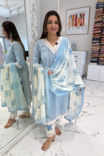Women's Cotton Lehriya Printed Kurta and Floral Pant with Dupatta Set