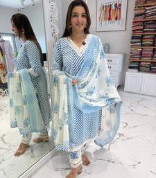 Women's Cotton Lehriya Printed Kurta and Floral Pant with Dupatta Set