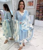 Women's Cotton Lehriya Printed Kurta and Floral Pant with Dupatta Set