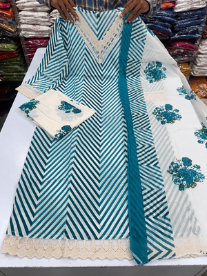 Women's Cotton Lehriya Printed Kurta and Floral Pant with Dupatta Set 2