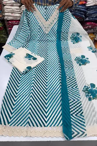 Women's Cotton Lehriya Printed Kurta and Floral Pant with Dupatta Set