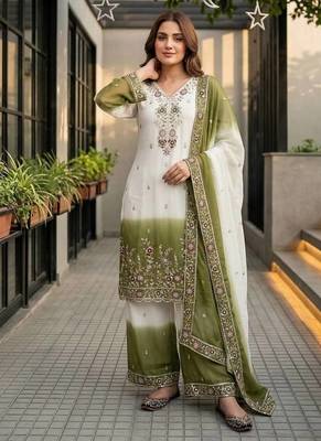 White And Mehndi Green Color Sequence And Embroidery Work Georgette Salwar Suit 1