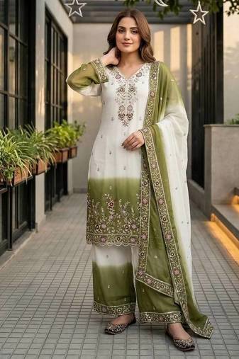 White And Mehndi Green Color Sequence And Embroidery Work Georgette Salwar Suit