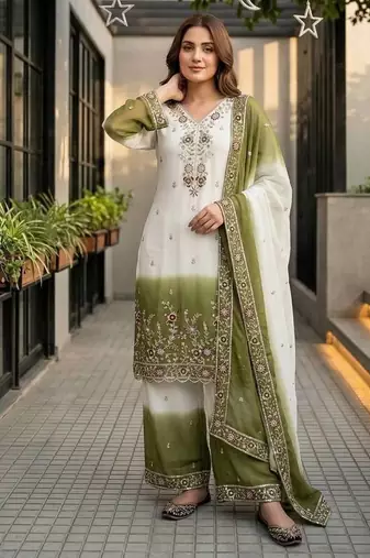 White And Mehndi Green Color Sequence And Embroidery Work Georgette Salwar Suit